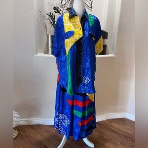 Vtg 90s Jewel Tone Floral Abstract Satin Top & Midi Pleated Skirt Set Coco Sz L